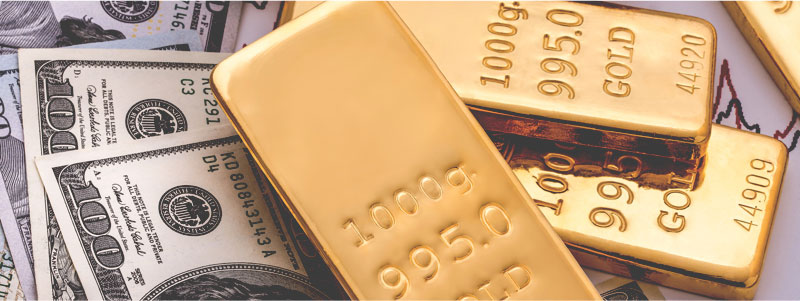 Image of Currency Notes & 1000g Gold Bars represents Precious Metal Trading