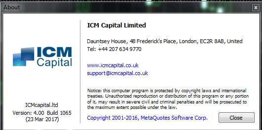 About WIndow with ICM.com Logo,some text and close button